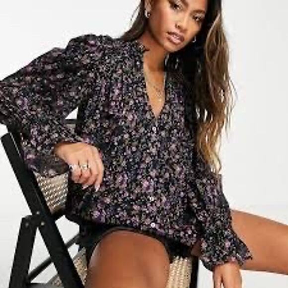 Free People Meant To Be Tie-Neck Blouse in Black Floral Top Long Sleeve - Picture 2 of 13